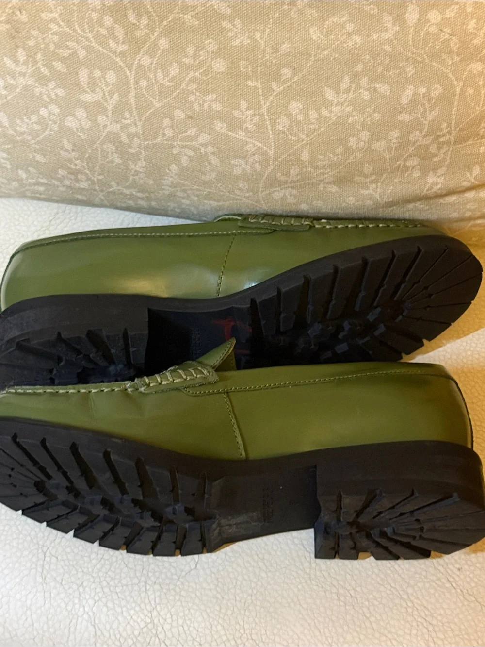 Free People Liv Olive Green Leather Penny Loafers with Gold Accent